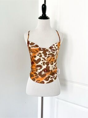 ACOA Leopard Print Satin Cowl Crop Top in Brown/Orange - Small